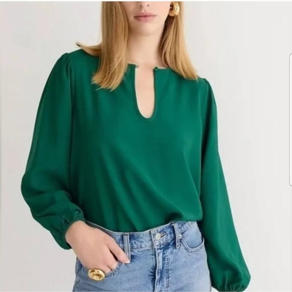 J Crew Shirt Womens XS Tall Green Puff Sleeve‎ Satin Back Crepe Office BL712